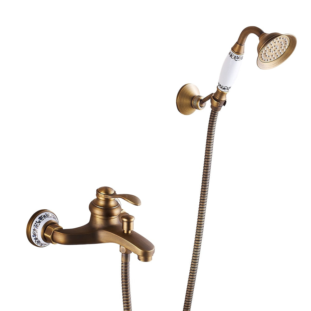 Vintage Wall-Mount Tub Faucet, Single-Handle Brass Bath Tub Faucet with Handheld Shower, Antique Brass / Matte Black / Brushed Brass / Copper