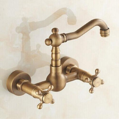 Antique Brass Wall-Mount Kitchen Faucet, Traditional Double Cross Handle Swivel Spout Faucet