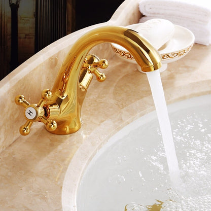 Polished Gold Single-Hole Bathroom Faucet, Traditional Dual-Handle Cross Faucet with High Arc Spout