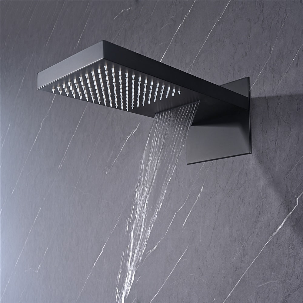 Matte Black Thermostatic Waterfall Rainfall Contemporary Shower System, Wall-Mount 5-Function Brass Faucet with Handheld Shower