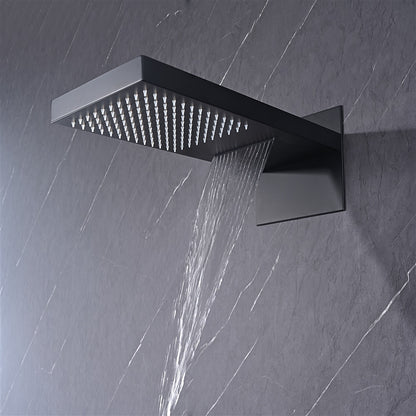 Matte Black Thermostatic Waterfall Rainfall Contemporary Shower System, Wall-Mount 5-Function Brass Faucet with Handheld Shower