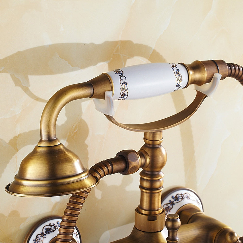 Vintage Antique Brass Wall-Mount Tub Faucet, Dual-Handle Bathroom Tub Faucet with Handheld Shower