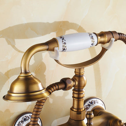 Vintage Antique Brass Wall-Mount Tub Faucet, Dual-Handle Bathroom Tub Faucet with Handheld Shower