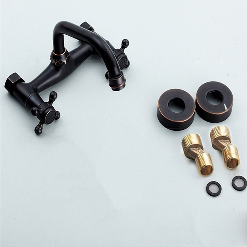 Wall-Mount Vintage Oil-Rubbed Bronze Brass Bathroom Sink Faucet, Double-Handle Swivel High Arc Spout Faucet