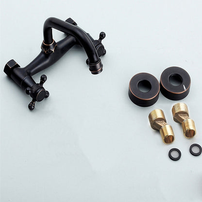 Wall-Mount Vintage Oil-Rubbed Bronze Brass Bathroom Sink Faucet, Double-Handle Swivel High Arc Spout Faucet