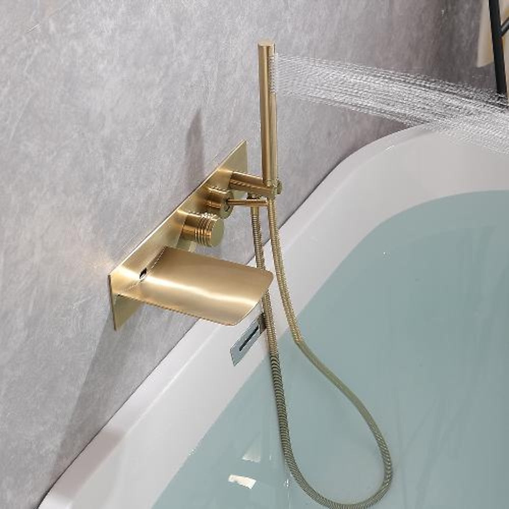 Waterfall Wall-Mount Tub Filler Faucet, Brass Bathtub Faucet with Handheld Shower, Brushed Gold / Matte Black