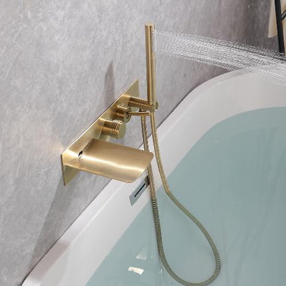 Waterfall Wall-Mount Tub Filler Faucet, Brass Bathtub Faucet with Handheld Shower, Brushed Gold / Matte Black