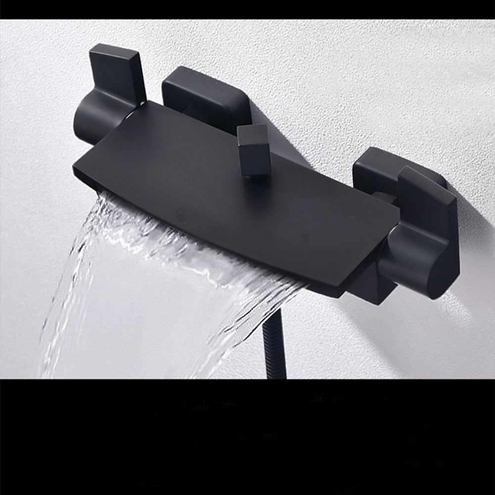 Matte Black Waterfall Wall-Mount Tub Faucet, Double-Handle Brass Bathtub Faucet with Handheld Shower