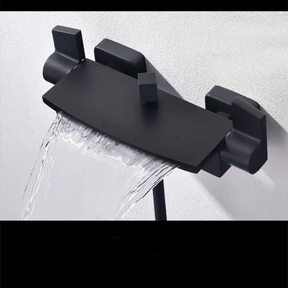 Matte Black Waterfall Wall-Mount Tub Faucet, Double-Handle Brass Bathtub Faucet with Handheld Shower