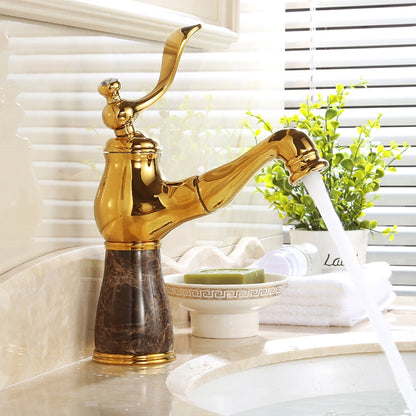Vintage Traditional Single-Hole Bathroom Faucet, Single-Handle Brass Faucet with Marble Column Base, Gold / White / Multi