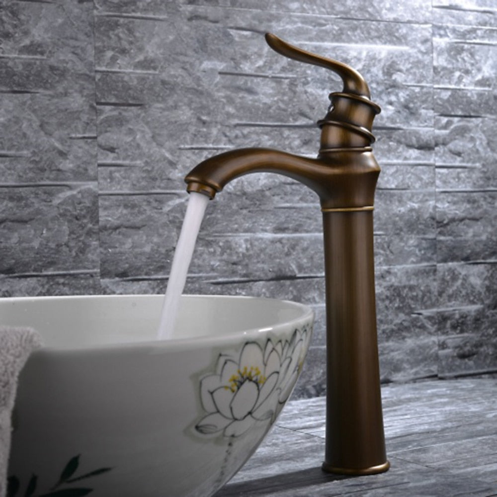 Antique Brass Traditional Vessel Sink Faucet, Single-Handle Tall Body Bathroom Faucet
