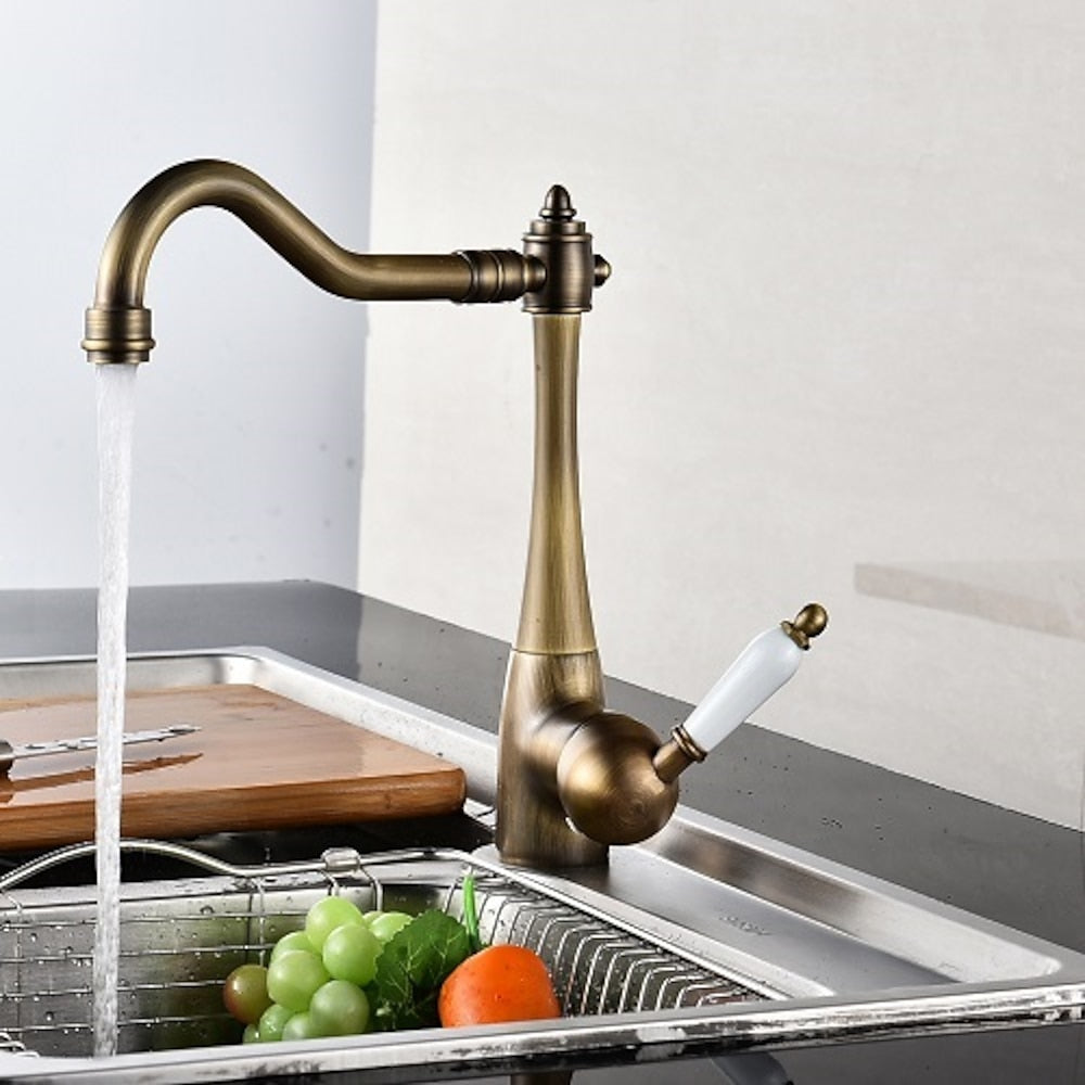 Antique Brass Retro Kitchen Faucet, Single-Hole Swivel Spout Faucet with Ceramic Handle