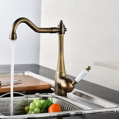 Antique Brass Retro Kitchen Faucet, Single-Hole Swivel Spout Faucet with Ceramic Handle