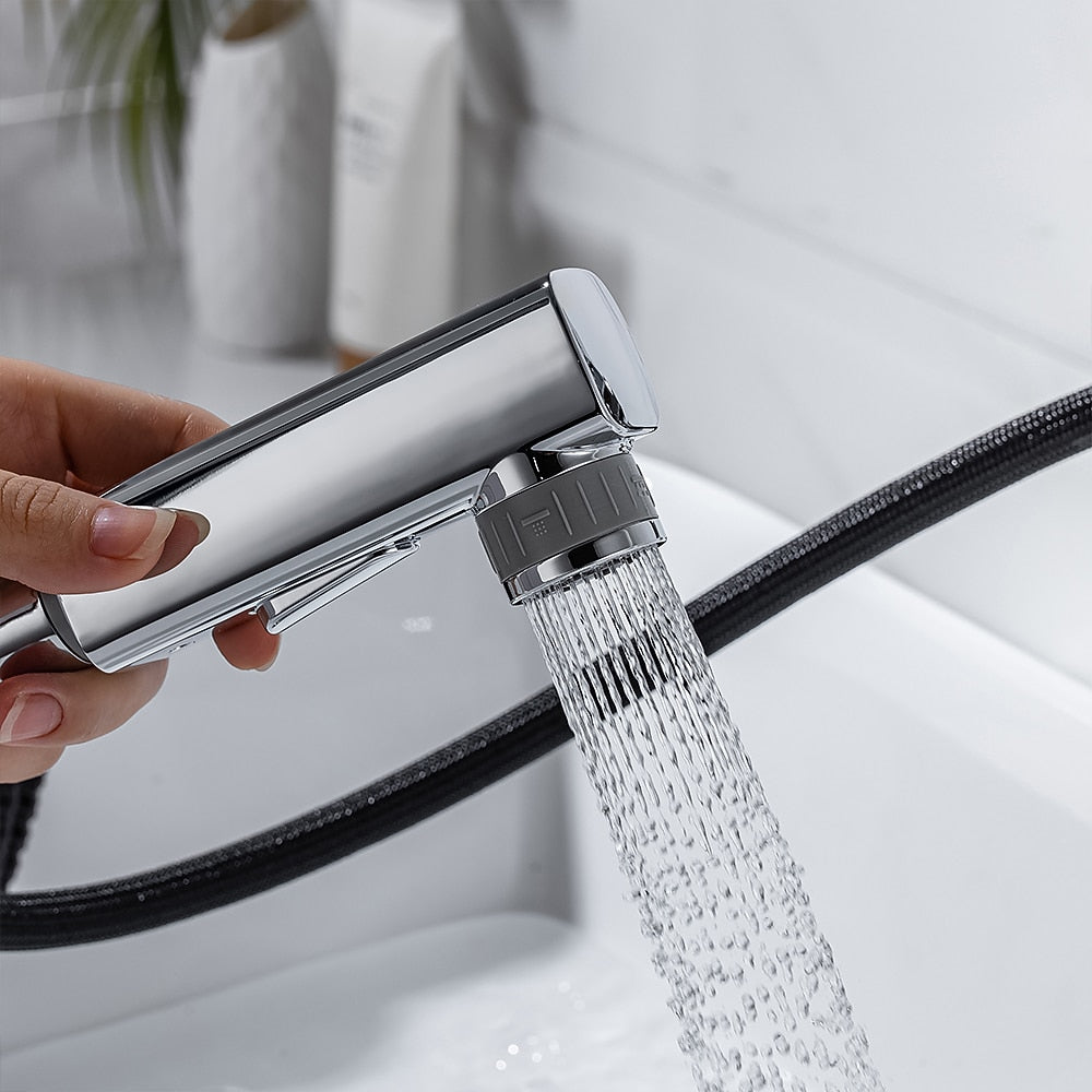 Pull-Out Single-Hole Brass Bathroom Faucet, Upward Fountain Spout Faucet, Chrome / Matte Black / Brushed Gold / Gunmetal