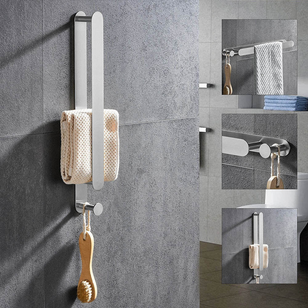 Modern Wall-Mounted Stainless Steel Towel Bar, Self-Adhesive Towel Rack with Integrated Hook, Matte Black / Chrome / Brushed Nickel / Brushed Gold
