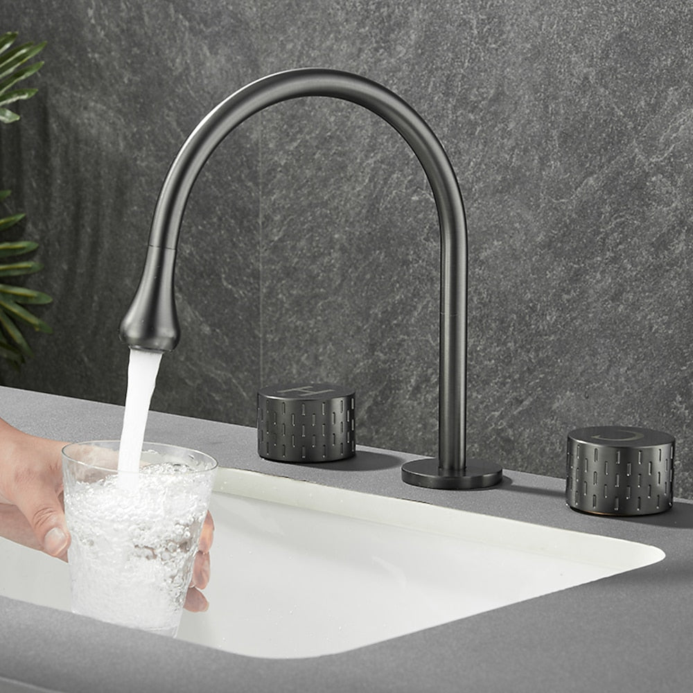 360-Degree Swivel Modern Bathroom Sink Faucet, 3-Hole Widespread Brass Faucet, Gunmetal / Matte Black / Brushed Gold / Chrome