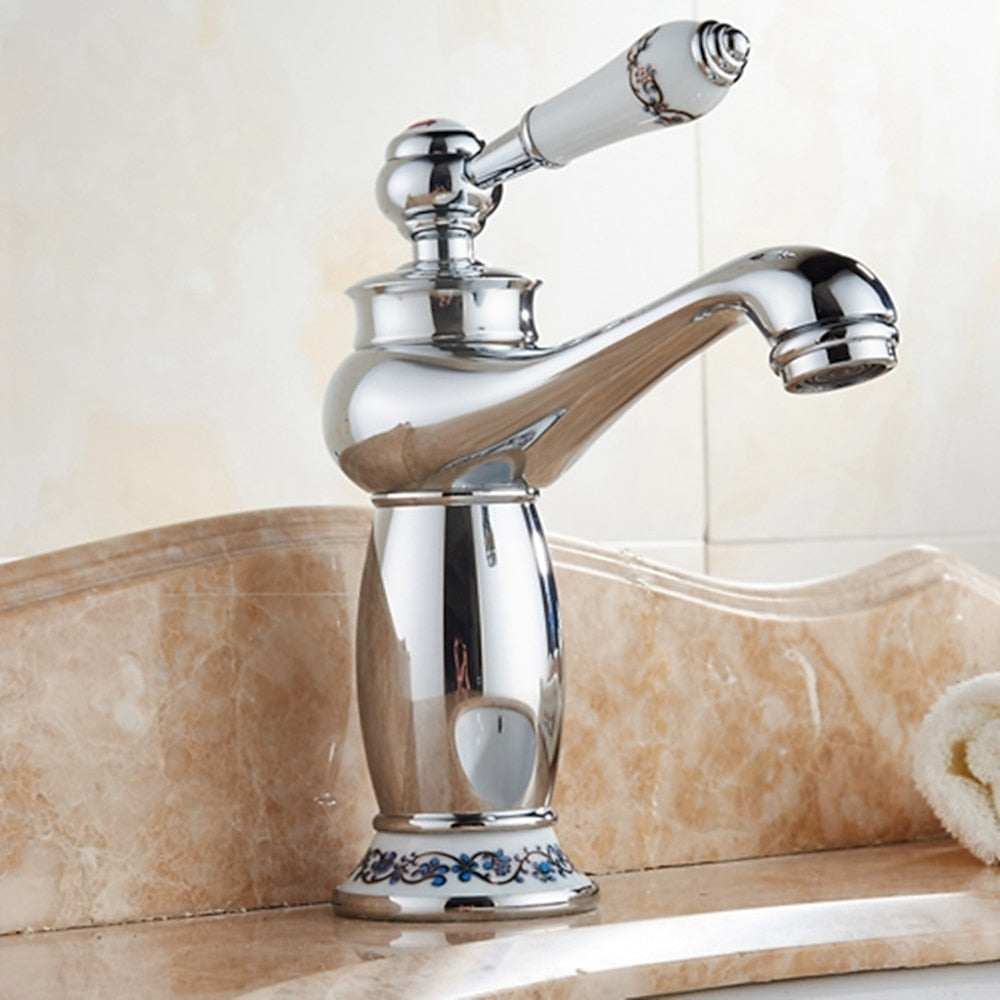 Vintage Single-Hole Bathroom Faucet, Single-Handle Brass Vanity Faucet with Ceramic Floral Accent