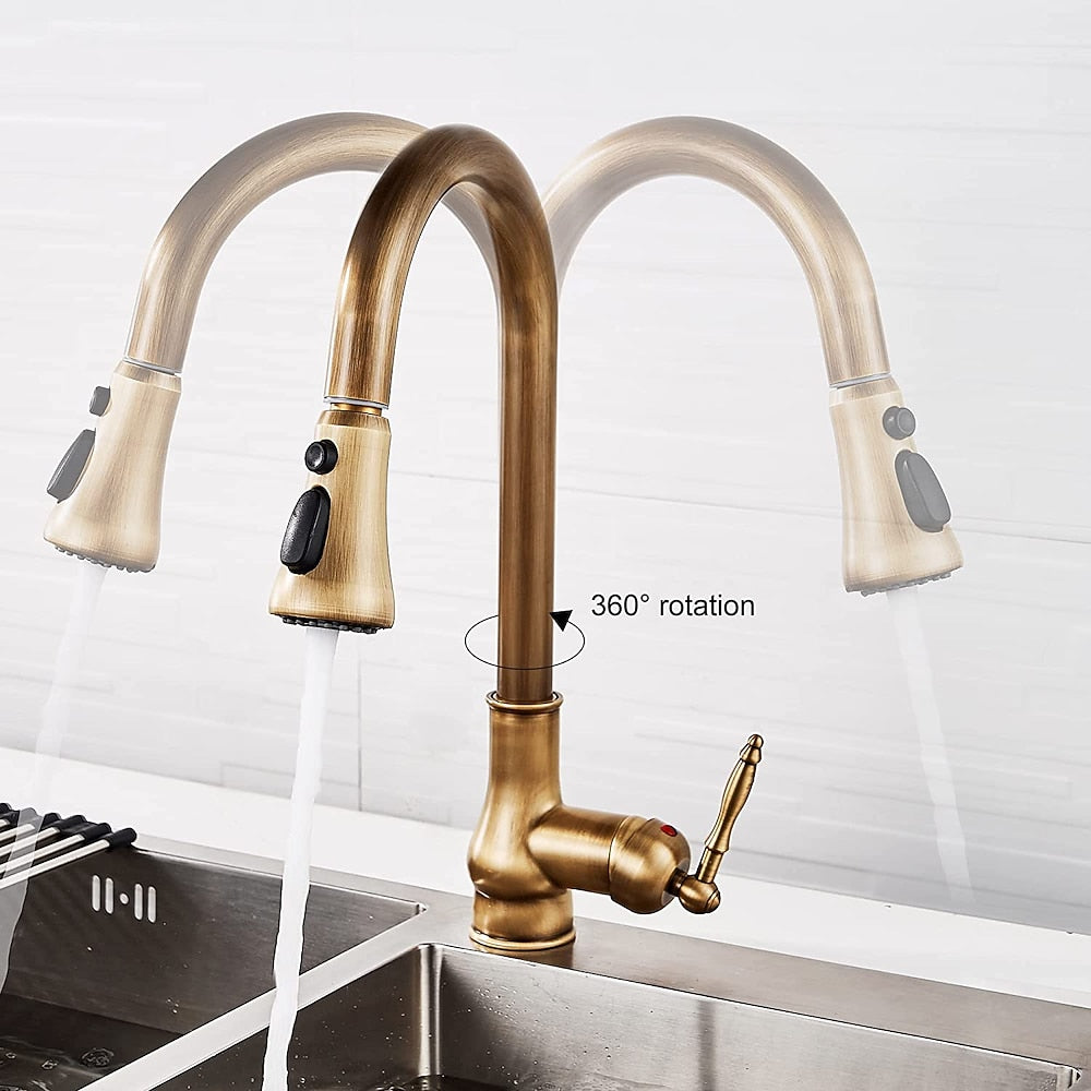Antique Brass Retro Kitchen Faucet, Deck-Mount Single-Handle Pull-Out Faucet with Soap Dispenser / Pop-Up Drain