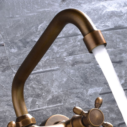 Retro Wall-Mount Antique Brass Bathroom Faucet, Double Cross Handle Swivel Spout Brass Utility Faucet