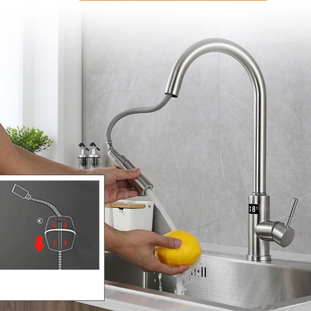 Touchless Sensor Stainless Steel Pull-Down Kitchen Faucet, Modern Single-Handle Digital Display Faucet