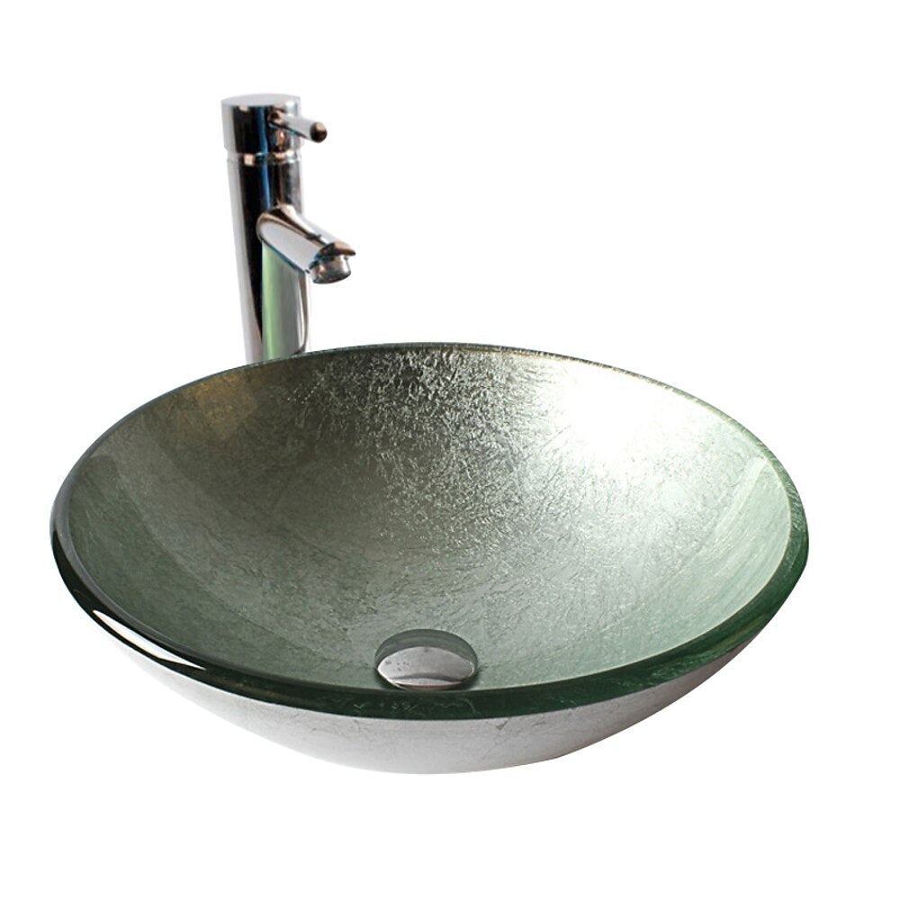 Contemporary Round Tempered Glass Vessel Bathroom Sink with Single-Handle Faucet, Vanity Basin Set with Pop-Up Drain, Silver / Gold / Bronze / Gray / Multi