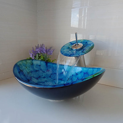 Blue Tempered Glass Vessel Sink Faucet Set, Chrome Waterfall Spout Faucet with Pop-Up Drain / Mounting Ring