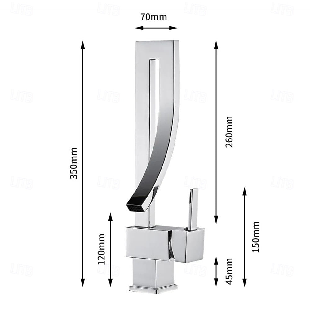 Waterfall Single-Hole Bathroom Faucet, Modern Single-Handle Brass Faucet, Chrome / Matte Black / Polished Gold