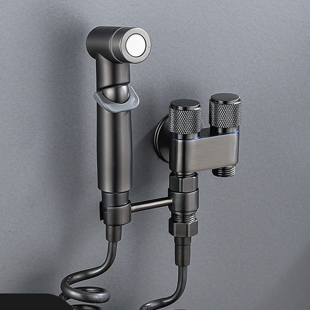 Dual-Handle Wall-Mount Bidet Sprayer, Solid Brass Shattaf Sprayer, Gray / Black / Silver