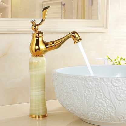 Vintage Traditional Single-Hole Bathroom Faucet, Single-Handle Brass Faucet with Marble Column Base, Gold / White / Multi