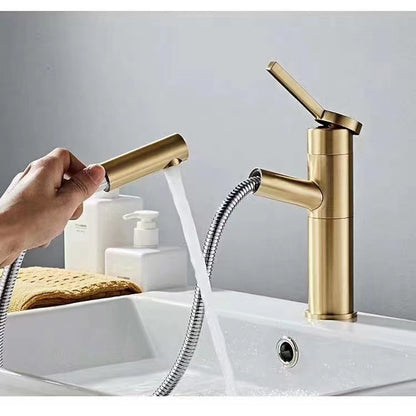 Brushed Gold Single-Hole Bathroom Faucet, Single-Handle Pull-Out Spout Faucet