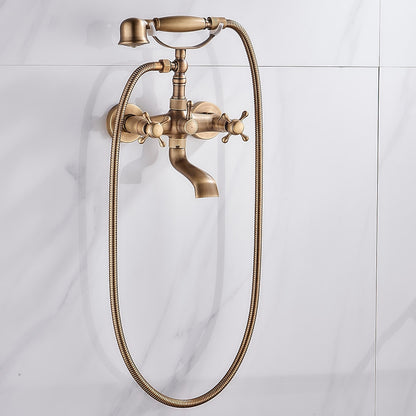 Antique Brass Wall-Mount Bathtub Faucet, Dual-Handle Tub Filler Faucet with Handshower