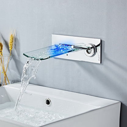LED Waterfall Wall-Mount Faucet, Single-Handle Bathroom Basin Tap, Chrome / Brushed Nickel / Oil-Rubbed Bronze / Brushed Gold / Rose Gold