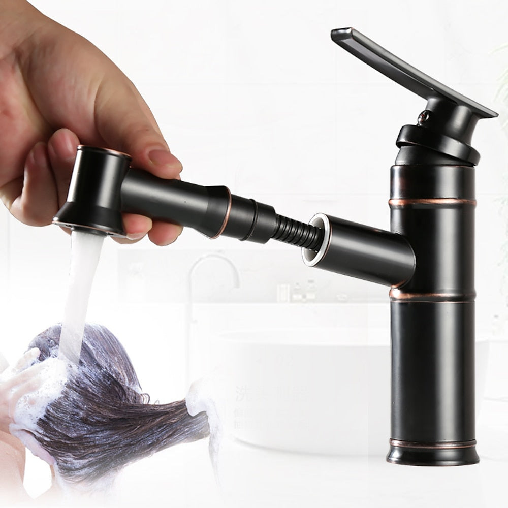 Pull-Out Spray Single-Hole Faucet, Single-Handle Brass Vintage Bathroom Faucet, Matte Black / Oil-Rubbed Bronze / Antique Brass / Brushed Nickel