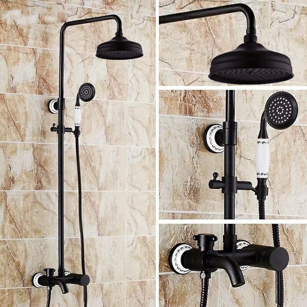 Oil-Rubbed Bronze Traditional Brass Wall-Mount Tub Faucet with Hand Shower System, Single-Handle Rainfall Shower Set with Handheld Shower / Tub Spout