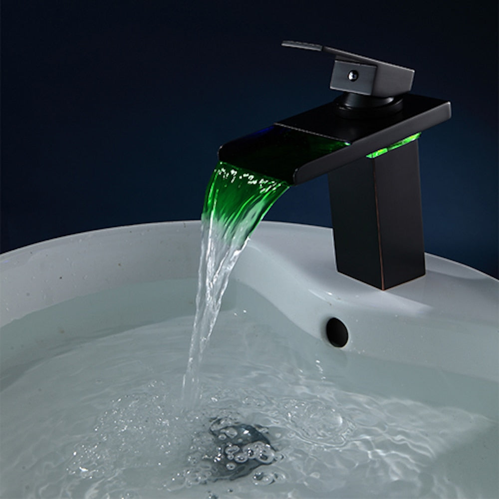 LED Waterfall Brass Bathroom Faucet, Single-Hole Single-Handle Faucet, Matte Black / Oil-Rubbed Bronze