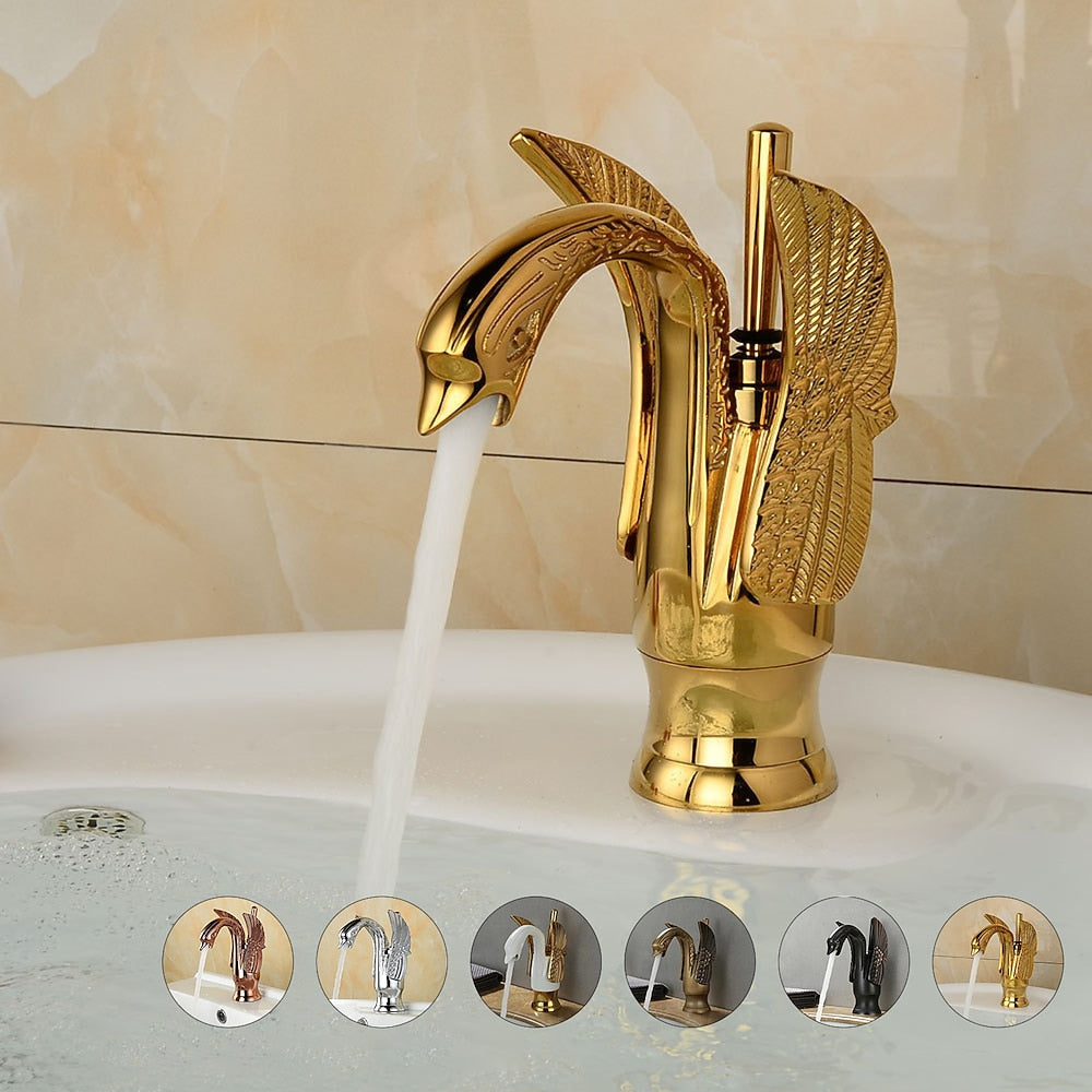 Swan Design Single-Hole Bathroom Faucet, Single-Handle Deck-Mount Brass Faucet