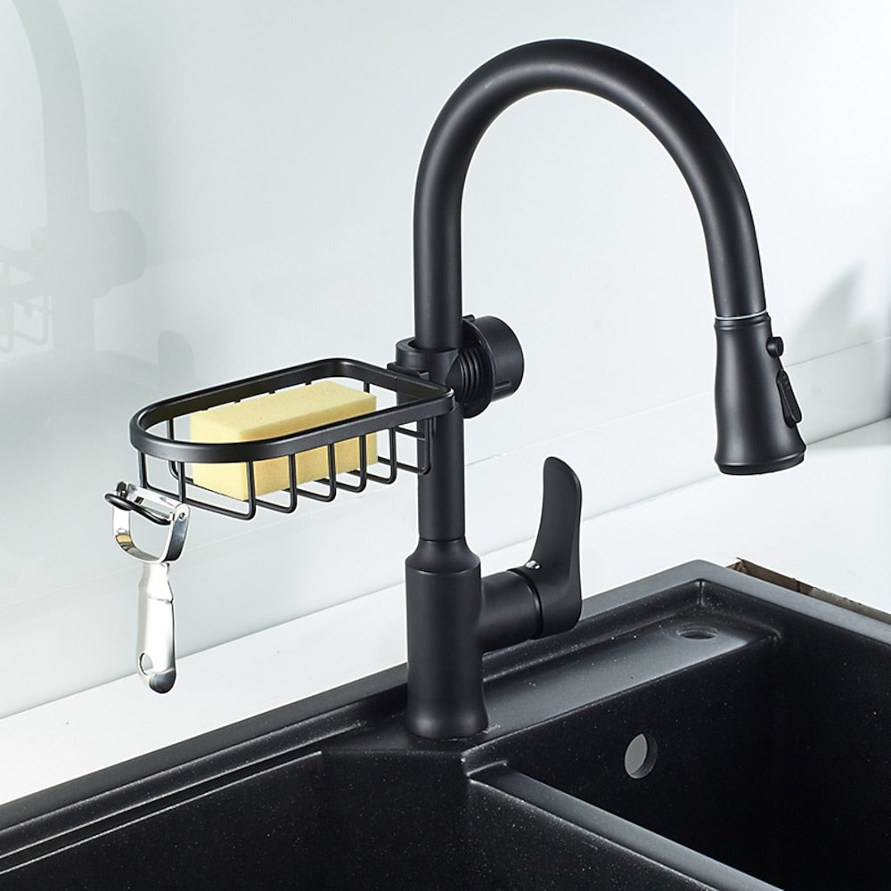Modern Aluminum Faucet Storage Rack, Clamp-On Sink Caddy Organizer with Integrated Hooks, Black / Silver