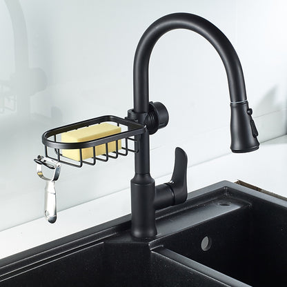 Modern Aluminum Faucet Storage Rack, Clamp-On Sink Caddy Organizer with Integrated Hooks, Black / Silver