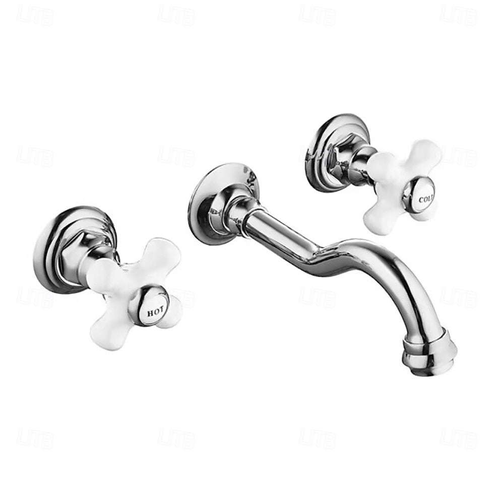 Vintage Wall-Mount Bathroom Faucet, Dual Cross Handle Brass Faucet, Polished Gold / Chrome