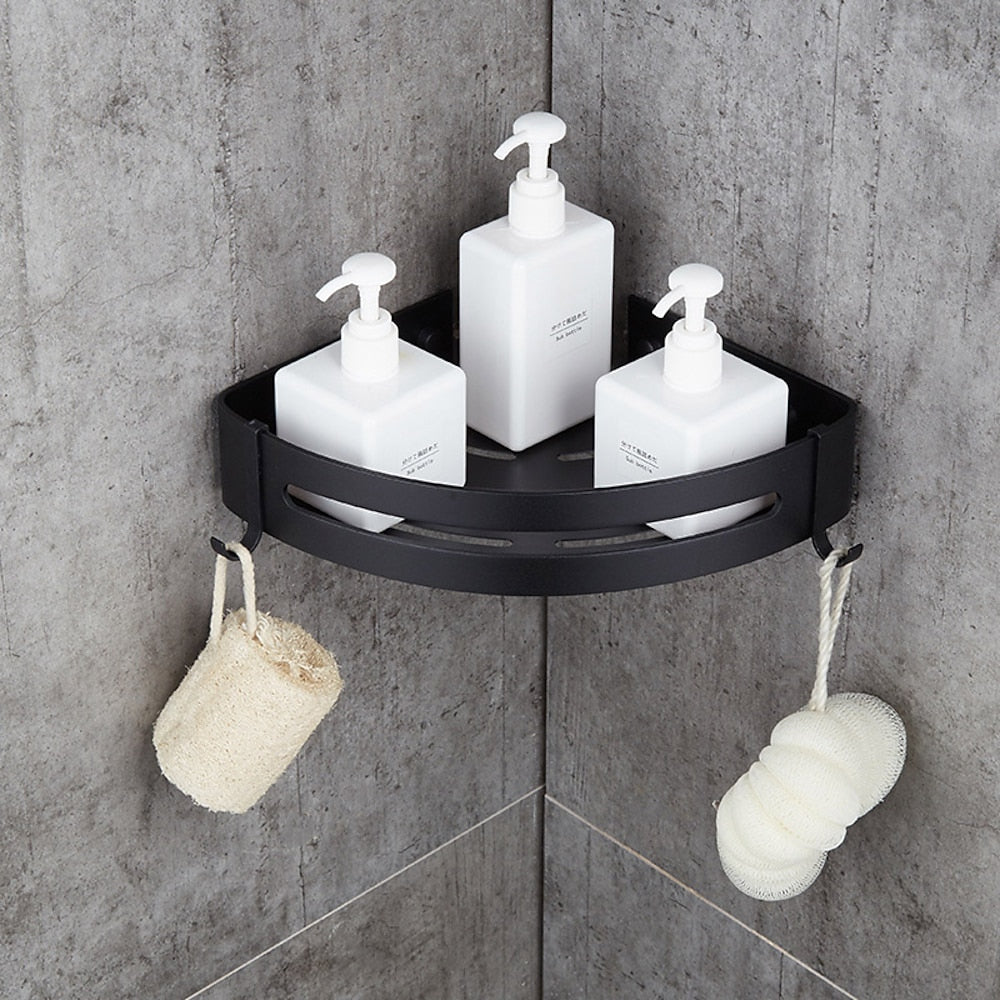 Modern Space Aluminum Wall-Mount Corner Shower Shelf, Triangle Single-Layer Shower Caddy with Hooks, Matte Black / Stainless Steel