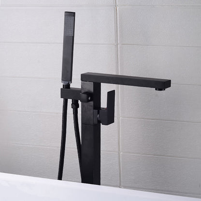 Modern Freestanding Floor-Mount Tub Filler Faucet, Single-Handle Brass Faucet with Handheld Shower, Matte Black / Chrome
