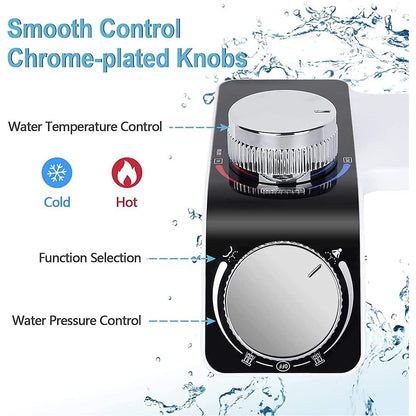 White Non-Electric Dual-Nozzle Bidet Attachment, Dual-Temperature Toilet Seat Sprayer with Chrome Control Knobs