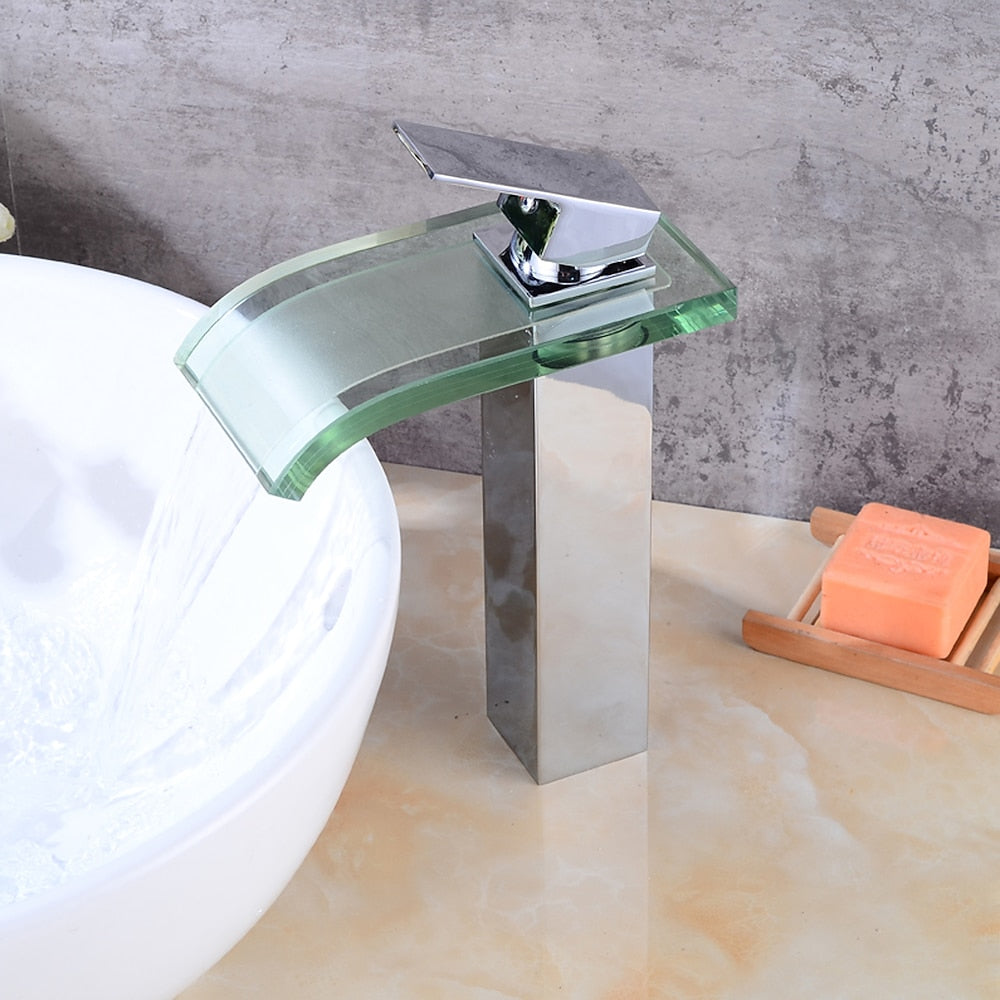 Chrome Modern Single-Hole Vessel Sink Faucet, Single-Handle Glass Waterfall Spout Faucet