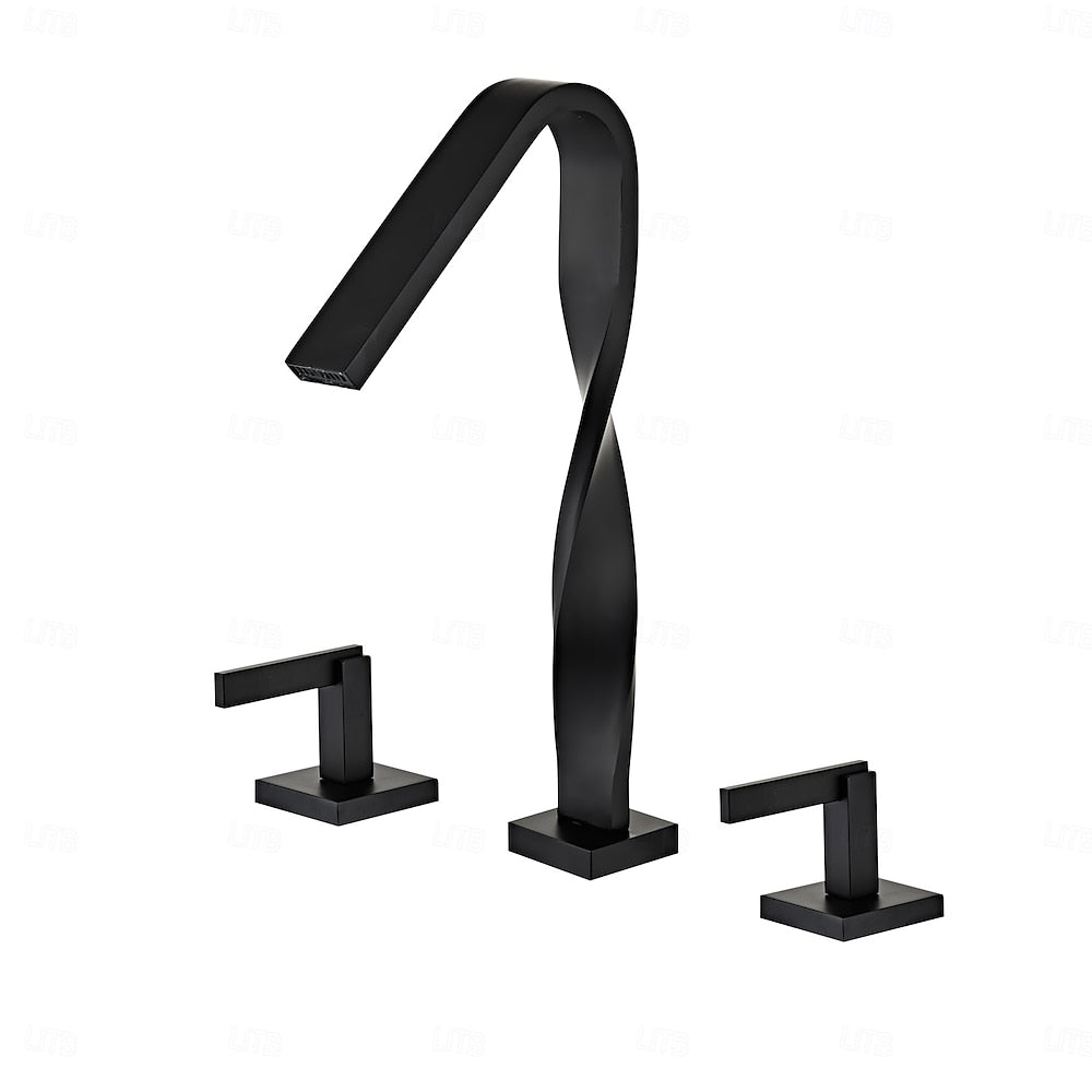 Waterfall Spout Widespread Bathroom Faucet, Dual-Handle Brass Faucet, Matte Black / Brushed Gold