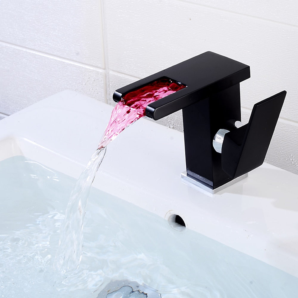 LED Waterfall Bathroom Faucet, Modern Single-Handle Brass Faucet, Matte Black / Matte White / Chrome