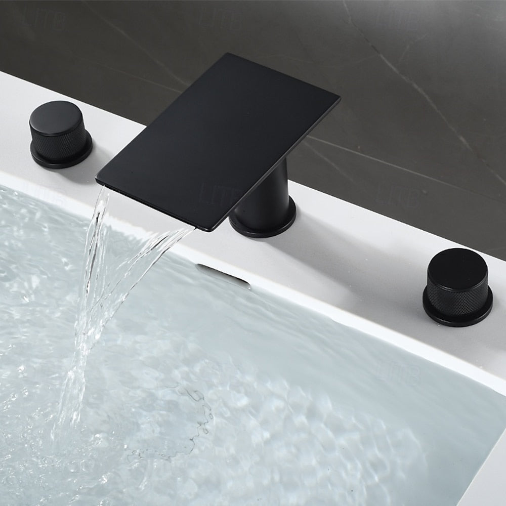 Modern Waterfall Bathroom Faucet, 3-Hole Dual-Handle Faucet, Gunmetal / Matte Black / Chrome