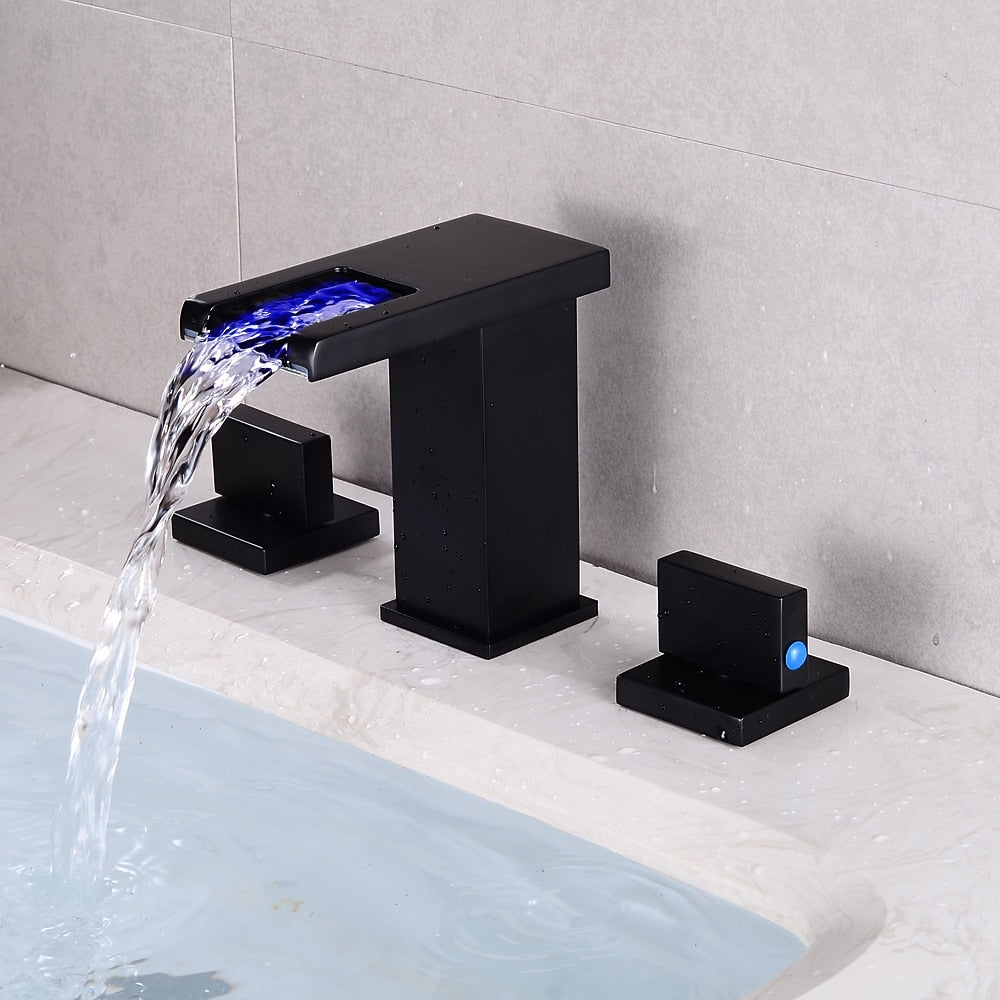 LED Waterfall Bathroom Faucet, Widespread Dual-Handle Faucet, Chrome / Matte Black