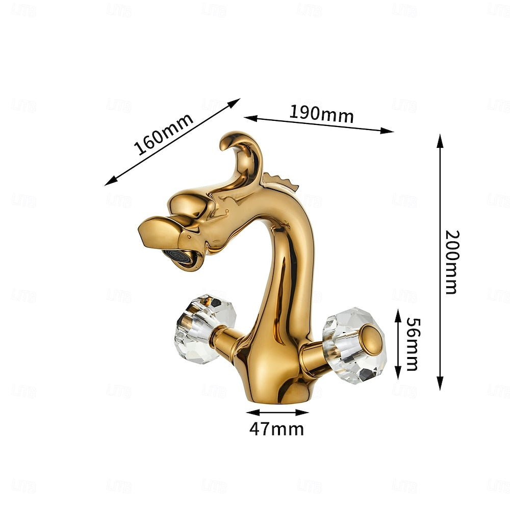 Polished Gold Dragon Bathroom Faucet, Single-Hole Dual-Handle Tap with Crystal Knob Handles