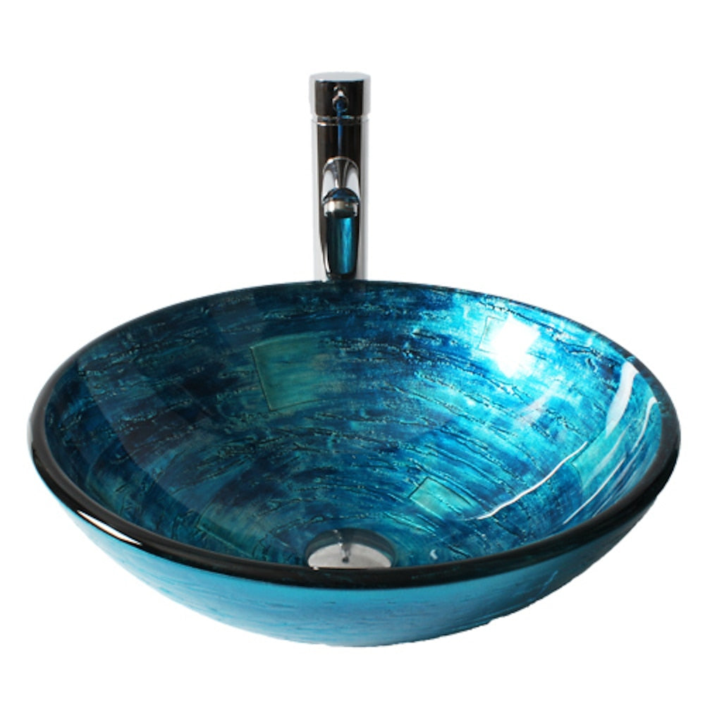 Contemporary Blue Tempered Glass Vessel Sink, Faucet Combo, Round Single-Hole Bathroom Vanity Basin with Chrome Drain Assembly
