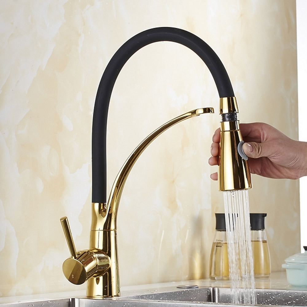 Two-Tone Modern Single-Hole Pull-Down Kitchen Faucet, Single-Handle Brass Faucet with Dual-Mode Swivel Spout